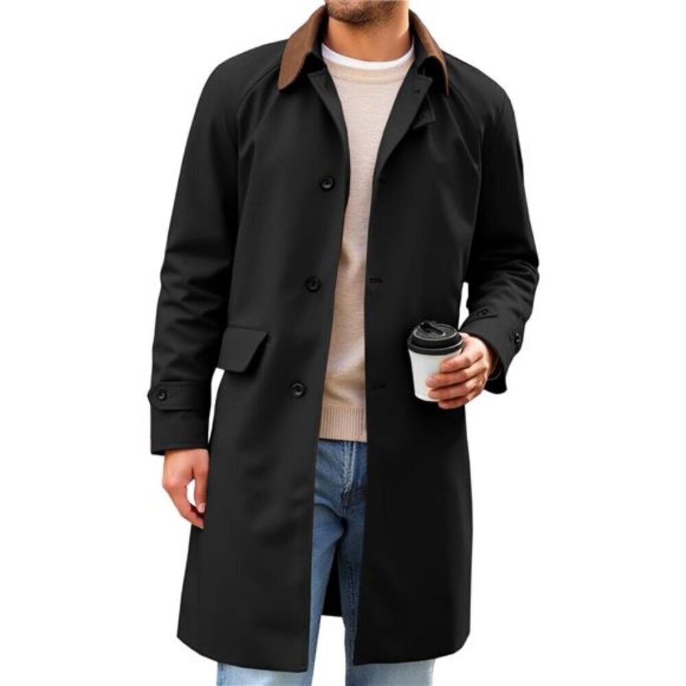 Corduroy Trench Coat for Men Single Breasted Long Jacket